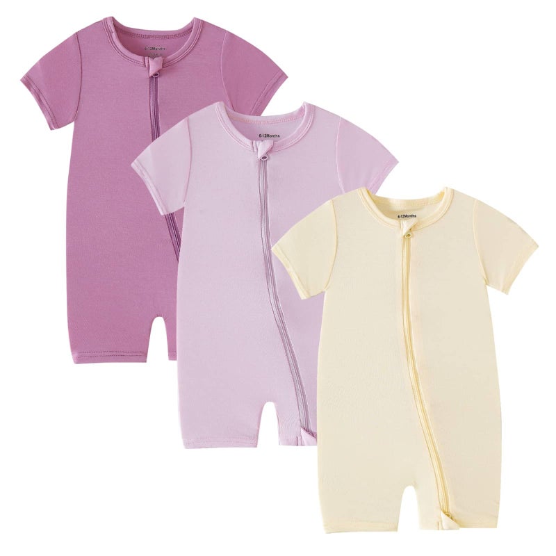 OPAWO Baby Boy Pajamas 3 Pack, 2 Way Zipper Sleepers Baby Boy Girl Romper, Toddler Summer Clothes Outfits 0-24M(Purple,Mauve,Beige,0-3 Months) - Image 1