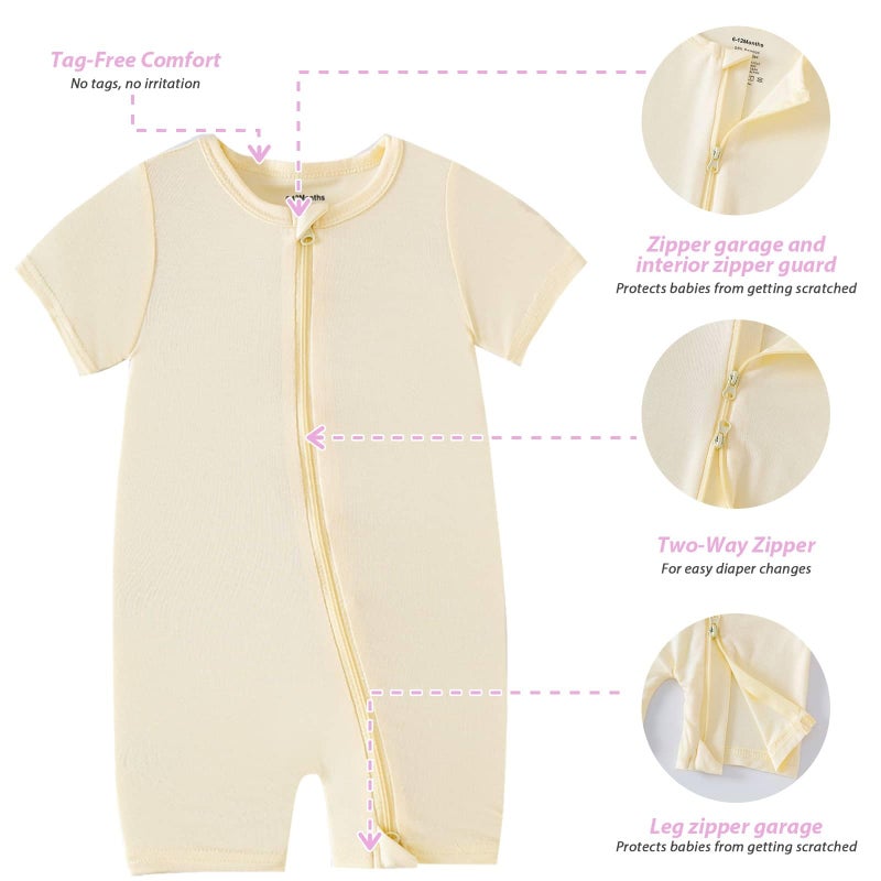 OPAWO Baby Boy Pajamas 3 Pack, 2 Way Zipper Sleepers Baby Boy Girl Romper, Toddler Summer Clothes Outfits 0-24M(Purple,Mauve,Beige,0-3 Months) - Image 5