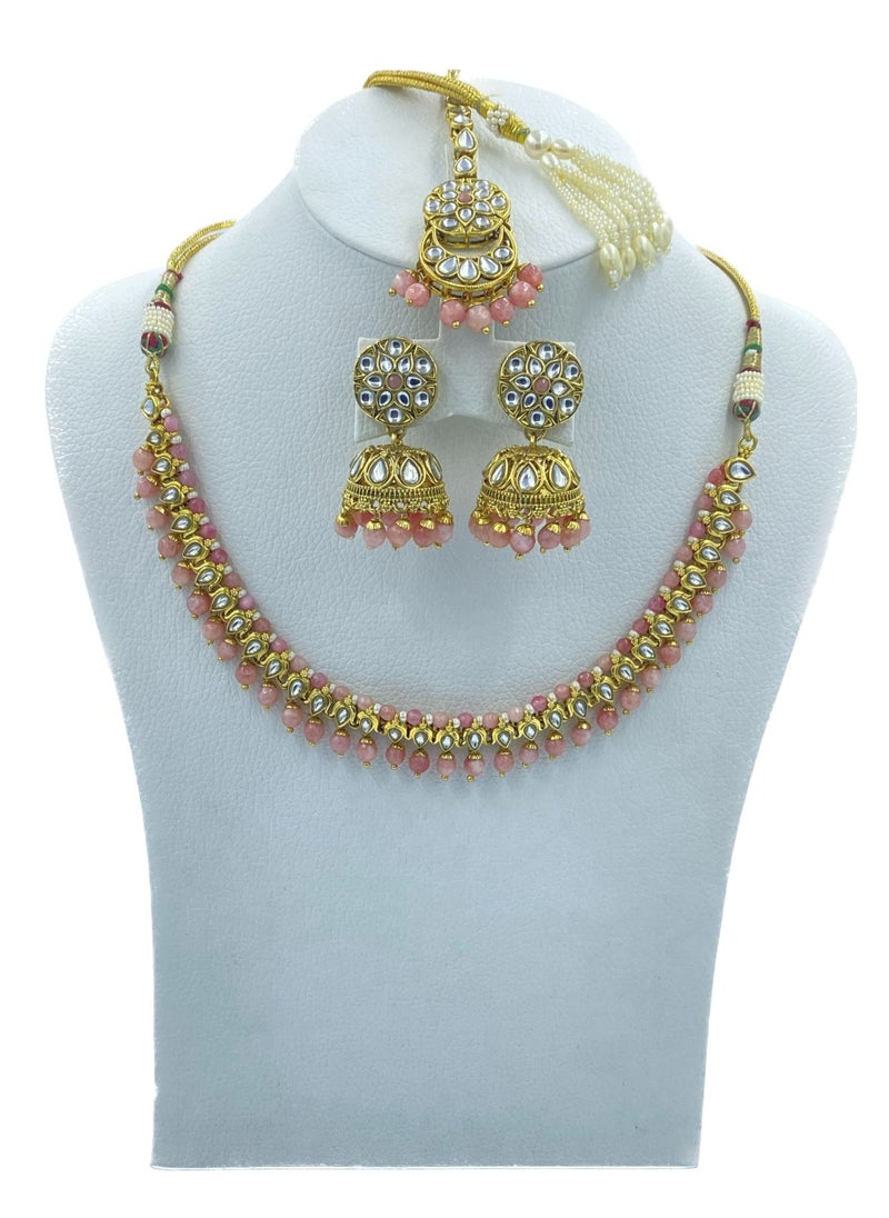 جوهونا قلادة مجوهرات كوندان الهندية التقليدية من GOHONA Royal Bling Bollywood مع مجموعة أقراط و 1 Tikka باللون الوردي  - Image 1