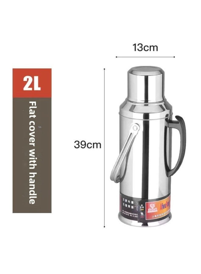Thermos Bottle Student Dormitory Thermos Bottle Bottle Stainless Steel Shell Household Thermos Bottle Large Capacity Glass Liner-Color:2.0l Stainless Steel Flat Head-Capacity:Complete Set [stainless Steel Shell + Double-layer Glass Liner]  - Image 1