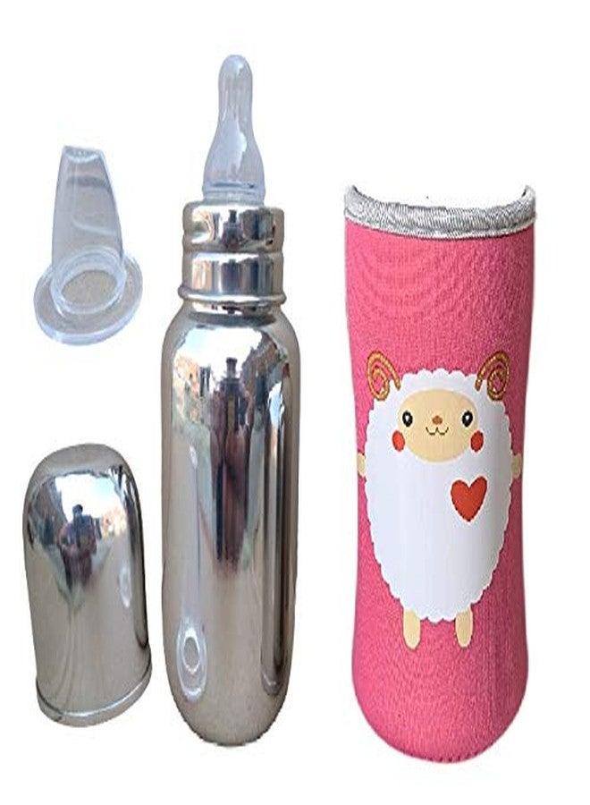 Lappu Double Kids Stainless Steel/Steel Feeder, Anti Colic 2 in 1 Feeding Bottle/Spout Sipper (290ml with Cover Pink.) - Image 1