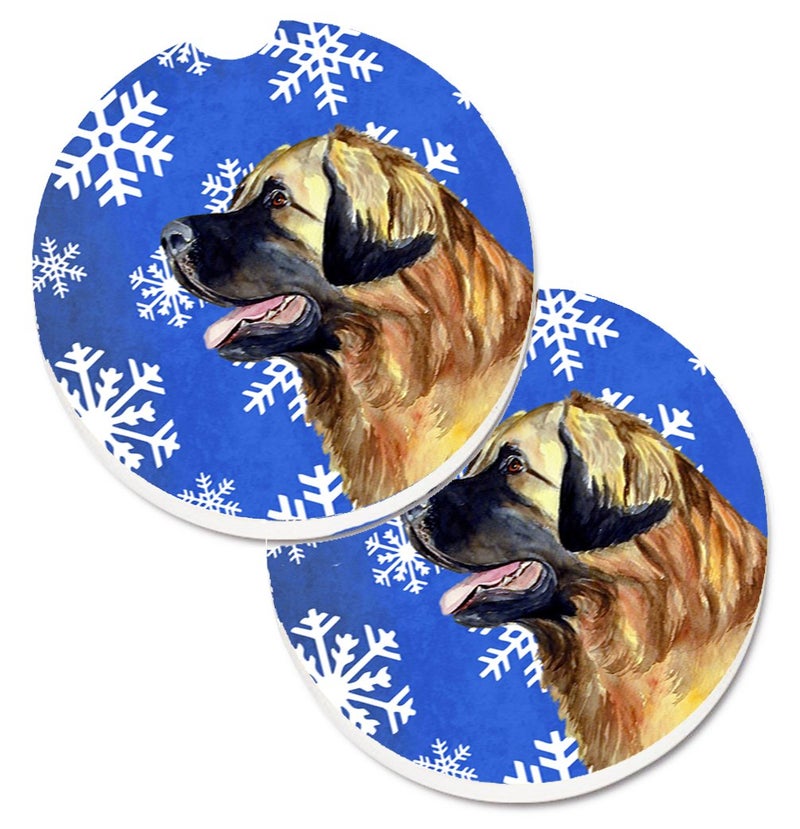 Caroline's Treasures LH9303CARC Leonberger Winter Snowflakes Holiday Set of 2 Cup Holder Car Coasters Absorbent Sandstone Coasters for Car Cup Holders Gifts for Men or Women  Large  Multicolor