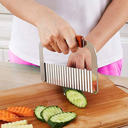 HEXONIQ Potato Chip Cutter, Stainless Steel Crinkle Cutter, Wavy Vegetable Cutter with Wooden Handle Blade for Vegetable, Potato, Fruits, Fries, Waffle and Ravioli - Image 3
