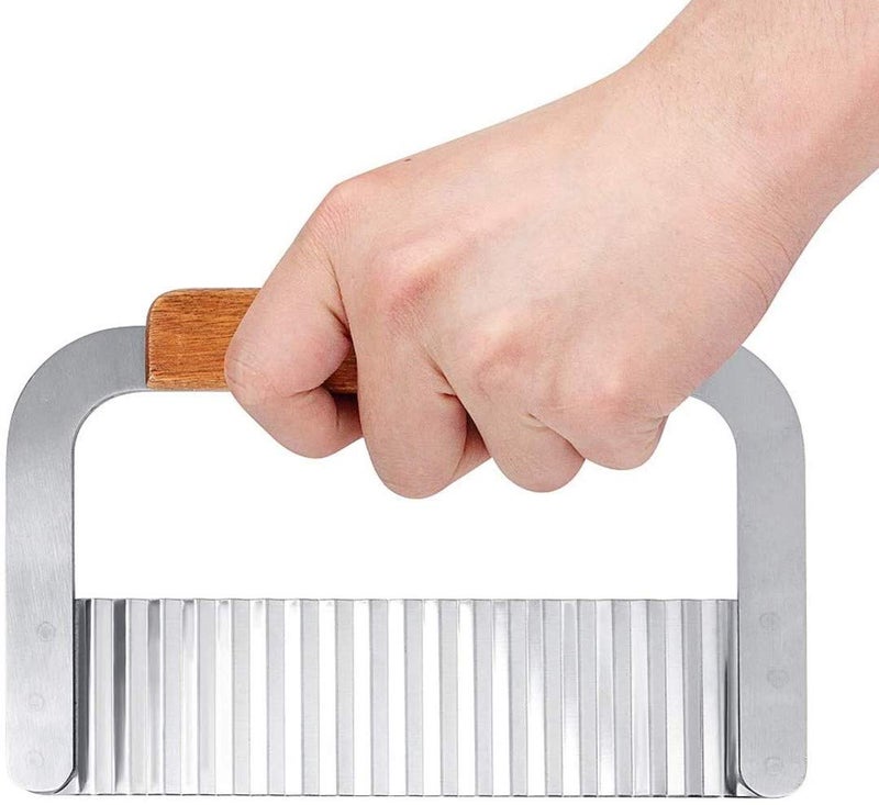 HEXONIQ Potato Chip Cutter, Stainless Steel Crinkle Cutter, Wavy Vegetable Cutter with Wooden Handle Blade for Vegetable, Potato, Fruits, Fries, Waffle and Ravioli - Image 4