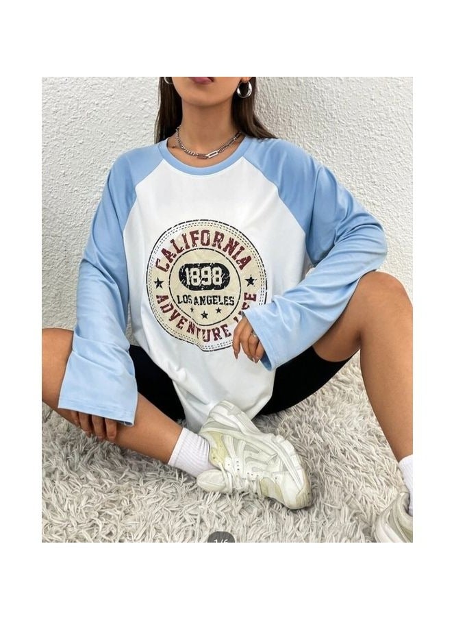 Women's Stylish Autumn Hoodie - Baby Blue& White