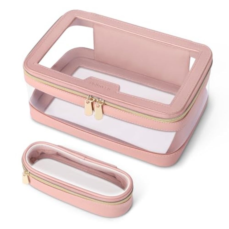 Travel Clear Makeup Bag for Women: Transparent Waterproof Cosmetic Organizer Storage Bag, Leather Makeup Case with Brush Bag, Portable Toiletry Bag in Clear Color - Image 1