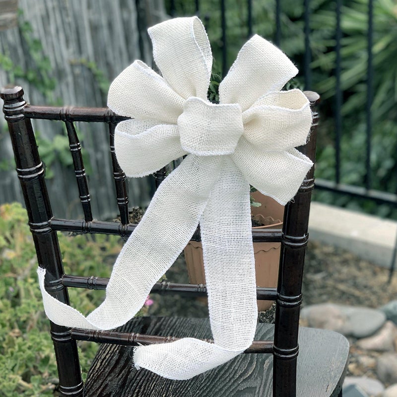 GiftWrap Etc. Off White Burlap Ribbon Wreath Bow - 10"" Wide  18"" Long Tails  Wedding Decor  Reception  Fall Decor  Thanksgiving  Winter Decor  Christmas  Farmhouse Country Decoration  Swag  Garland - Image 2