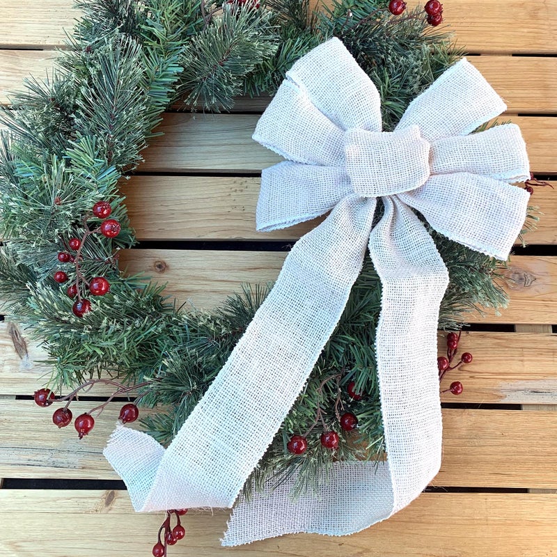 GiftWrap Etc. Off White Burlap Ribbon Wreath Bow - 10"" Wide  18"" Long Tails  Wedding Decor  Reception  Fall Decor  Thanksgiving  Winter Decor  Christmas  Farmhouse Country Decoration  Swag  Garland - Image 4