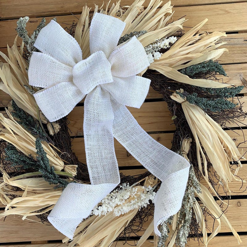 GiftWrap Etc. Off White Burlap Ribbon Wreath Bow - 10"" Wide  18"" Long Tails  Wedding Decor  Reception  Fall Decor  Thanksgiving  Winter Decor  Christmas  Farmhouse Country Decoration  Swag  Garland - Image 5