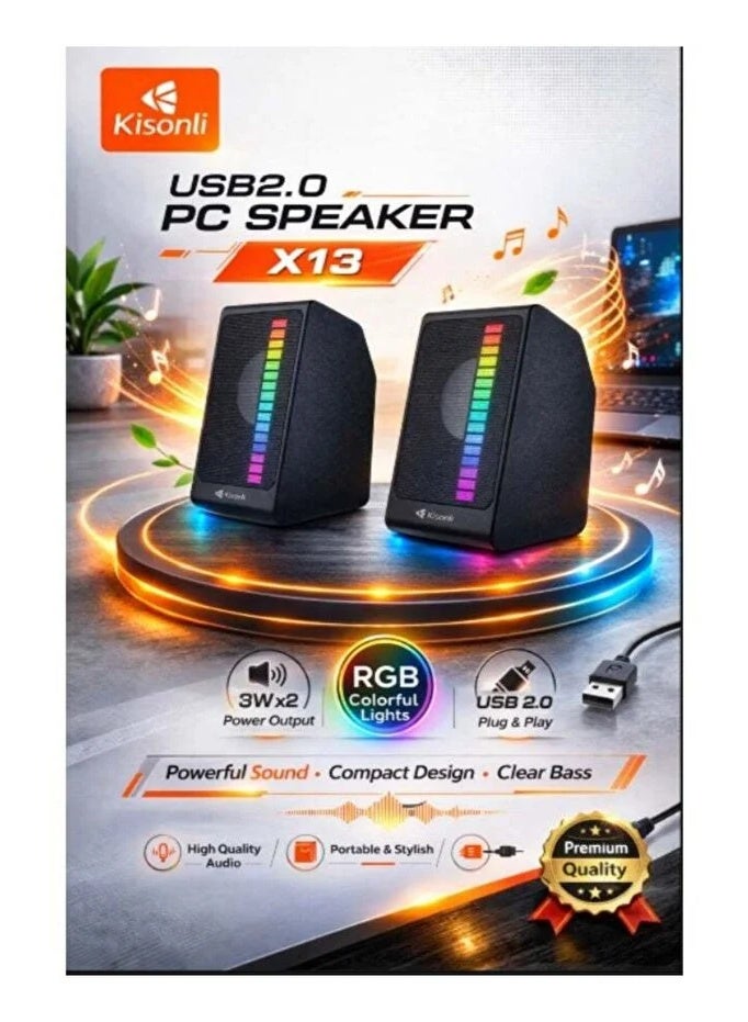 Kisonli X13 USB 2.0 PC Speaker with AUX Cable & RGB Colorful Lights – 2.0 Stereo Multimedia Desktop Speaker - Image 1