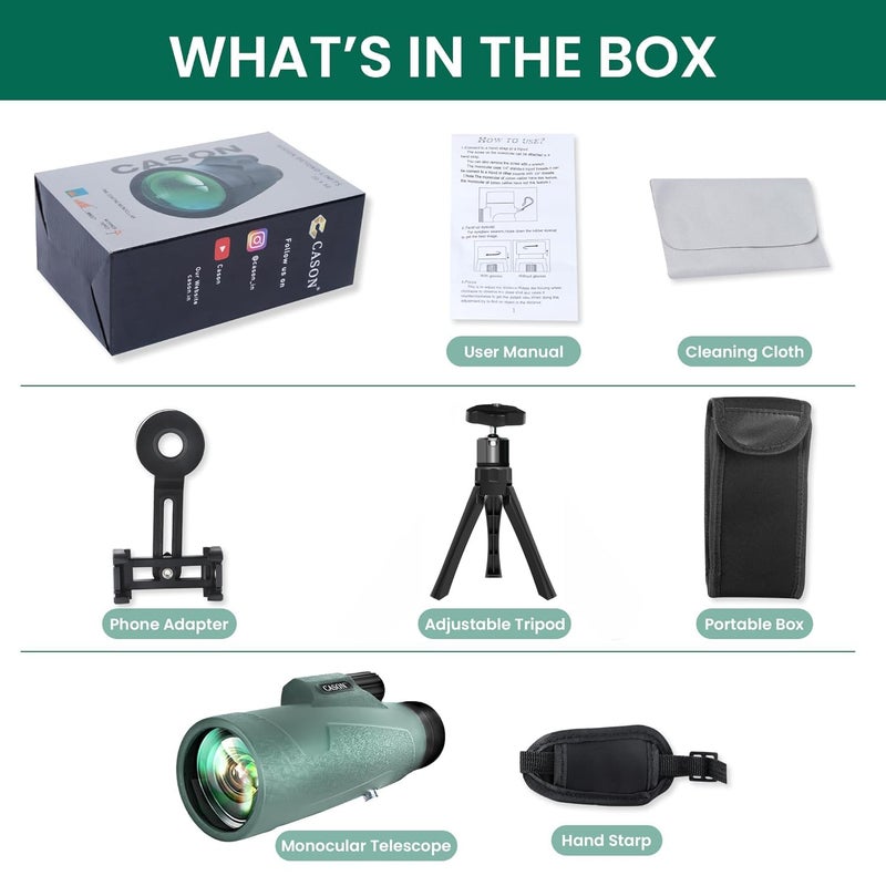 C DEVICE كاسون - 12x50 منظار بعيد المدى، منظار قوي للبالغين والأطفال مع محول هاتف، حامل ثلاثي، وحقيبة حمل مع منشور BAK4، عدسة FMC، مناسب لمشاهدة الطيور والسفر (أسود-أخضر) - Image 5