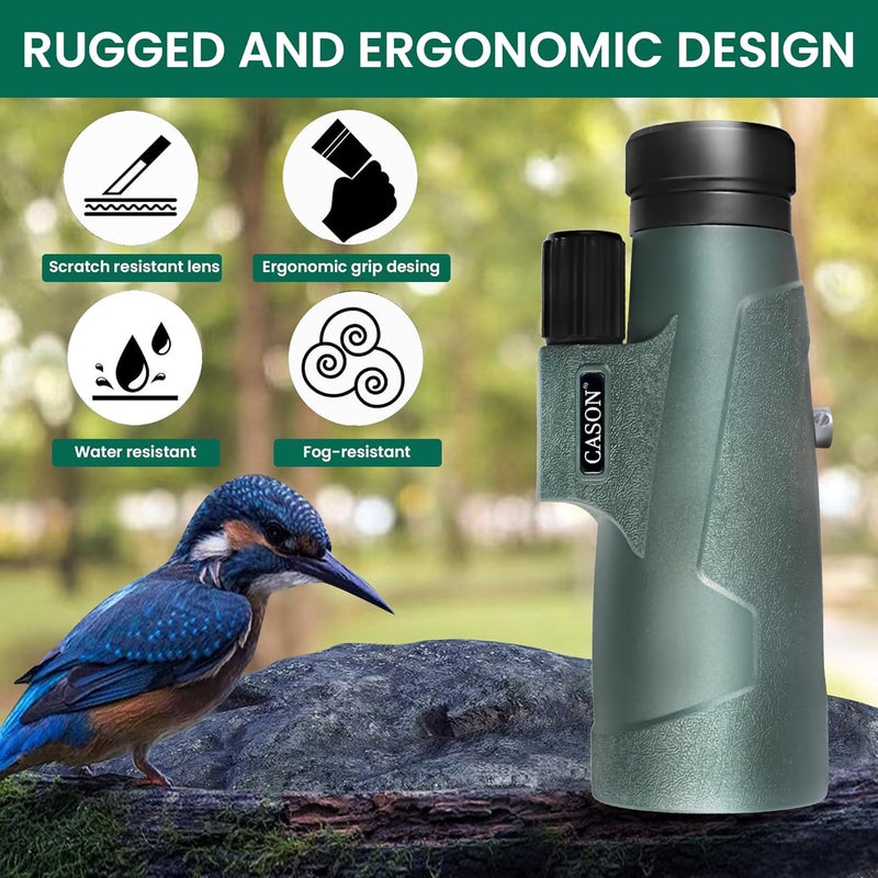 C DEVICE كاسون - 12x50 منظار بعيد المدى، منظار قوي للبالغين والأطفال مع محول هاتف، حامل ثلاثي، وحقيبة حمل مع منشور BAK4، عدسة FMC، مناسب لمشاهدة الطيور والسفر (أسود-أخضر) - Image 3