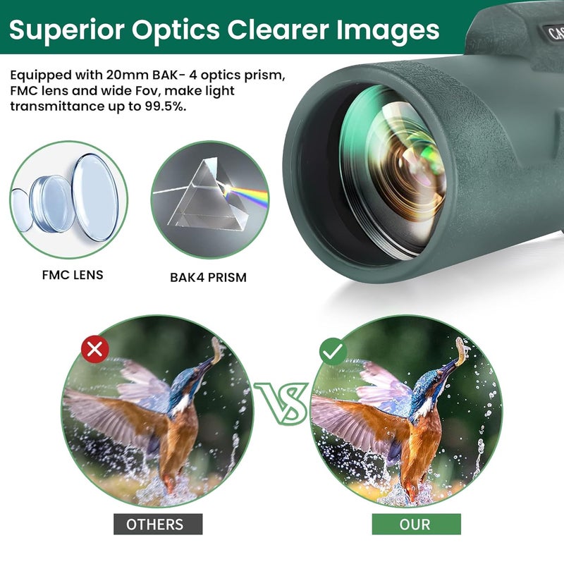 C DEVICE كاسون - 12x50 منظار بعيد المدى، منظار قوي للبالغين والأطفال مع محول هاتف، حامل ثلاثي، وحقيبة حمل مع منشور BAK4، عدسة FMC، مناسب لمشاهدة الطيور والسفر (أسود-أخضر) - Image 4