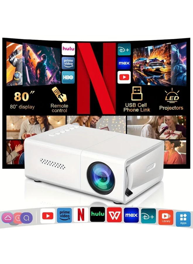 White Projector With Tripod Portable Mini Home Theater Built In Speaker Remote Control USB Smartphone Laptop Power Bank Compatible - Image 1