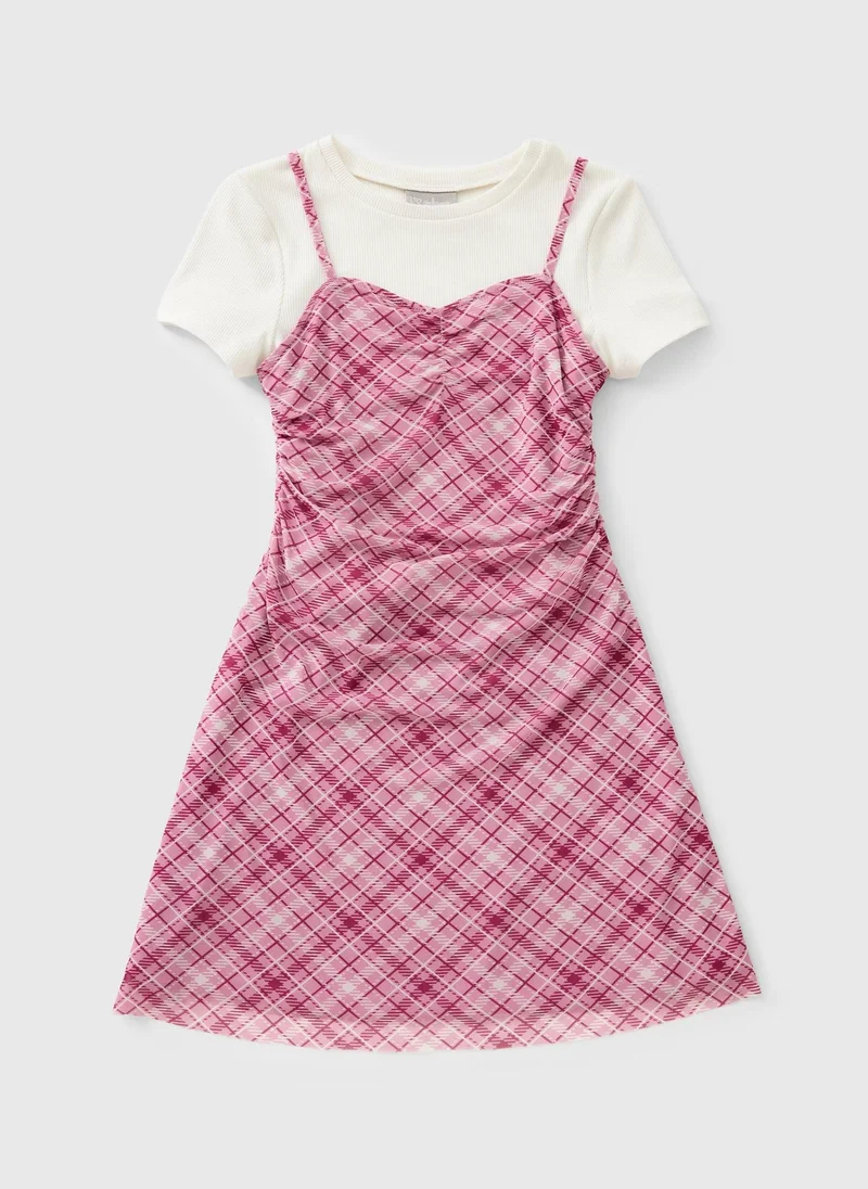 ماتلان Girls Pink Check Mesh 2 in 1 Dress