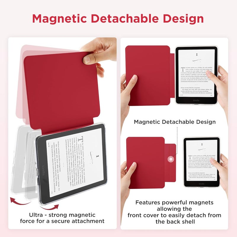 SESENSE Detachable Magnetic Case for 7'' Kindle Paperwhite 12th Gen 2024 and Kindle Colorsoft Signature Edition, Slim PU Shell Cover Case with Auto Wake/Sleep, Red - Image 3