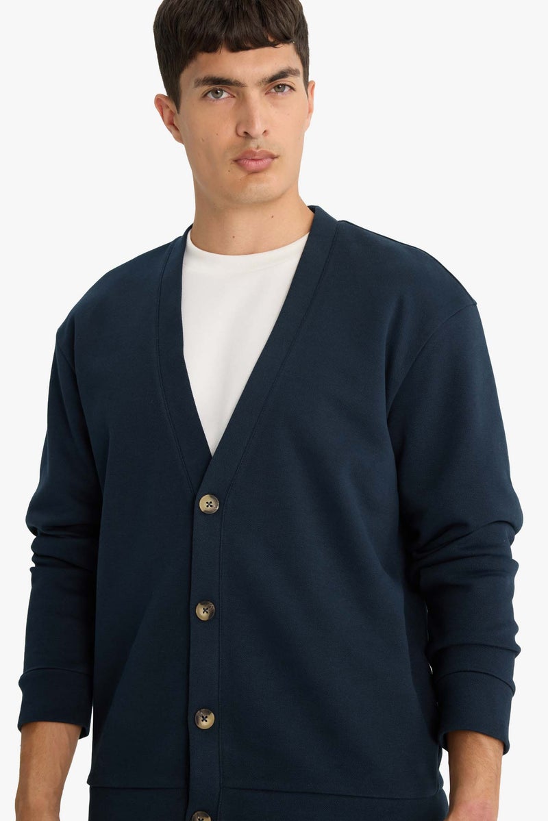 DeFacto Blue Man Regular Fit V-Neck Buttoned Pique Cardigan Casual - Image 1
