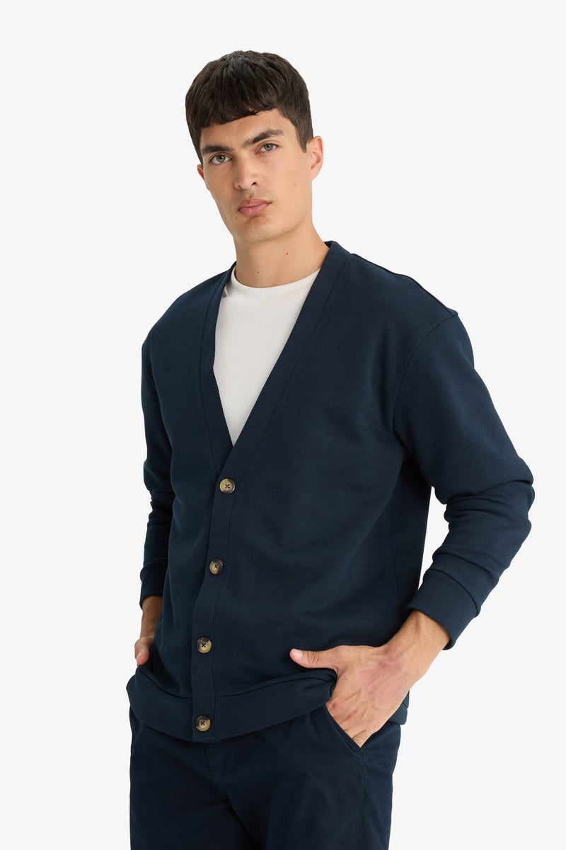 DeFacto Blue Man Regular Fit V-Neck Buttoned Pique Cardigan Casual - Image 3