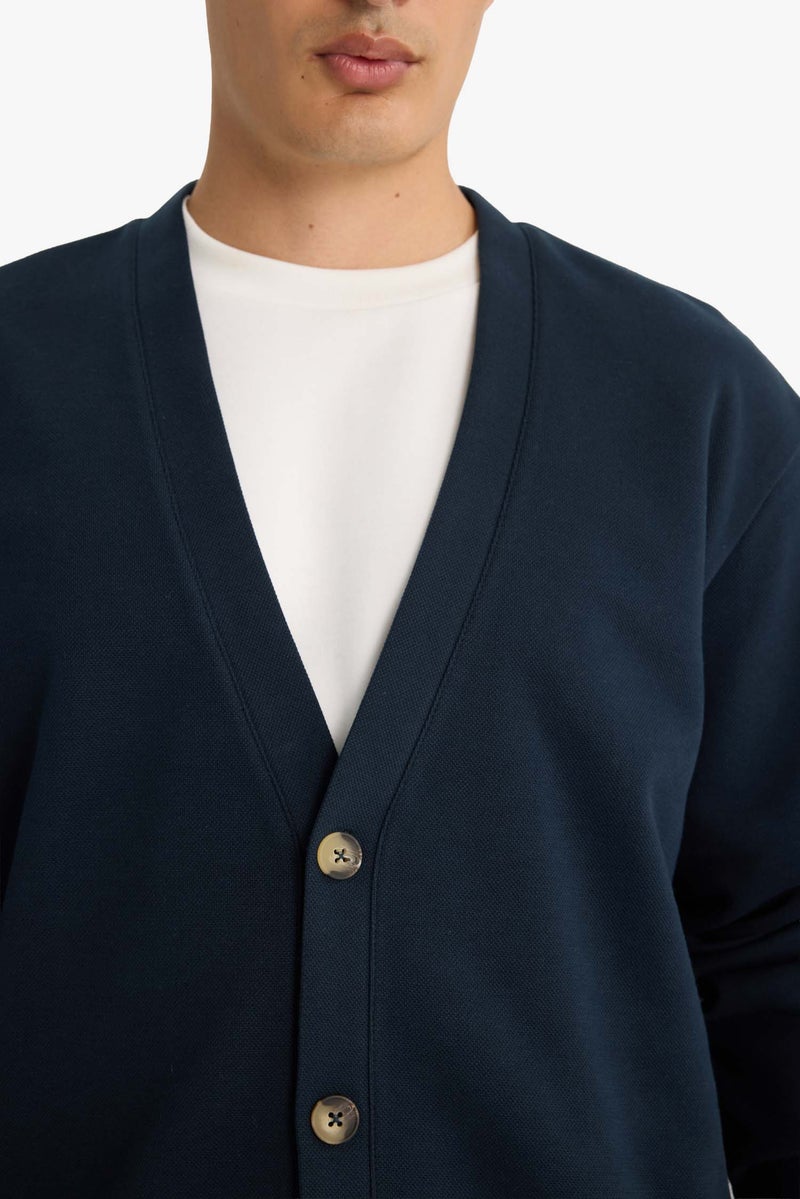 DeFacto Blue Man Regular Fit V-Neck Buttoned Pique Cardigan Casual - Image 5