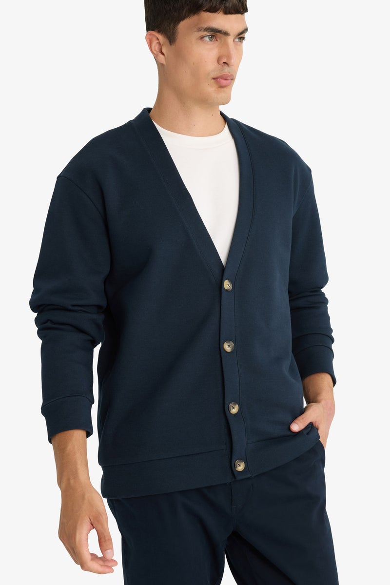 DeFacto Blue Man Regular Fit V-Neck Buttoned Pique Cardigan Casual - Image 4