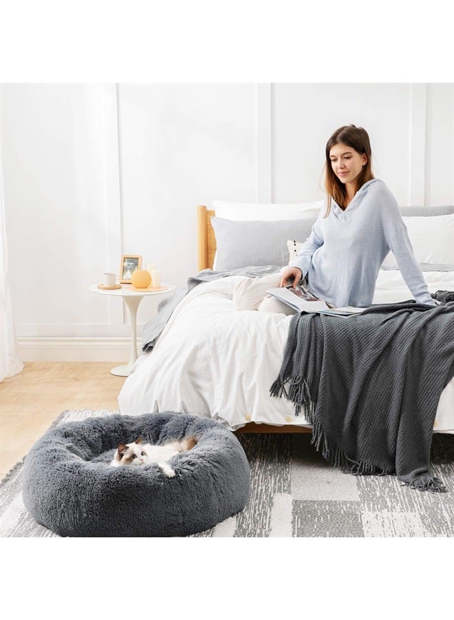 Calming Dog Bed for Small Dogs - Donut Washable Small Pet Bed, 23 inches Anti Anxiety Round Fluffy Plush Faux Fur Large Cat Bed, Fits up to 25 lbs Pets, Dark Grey