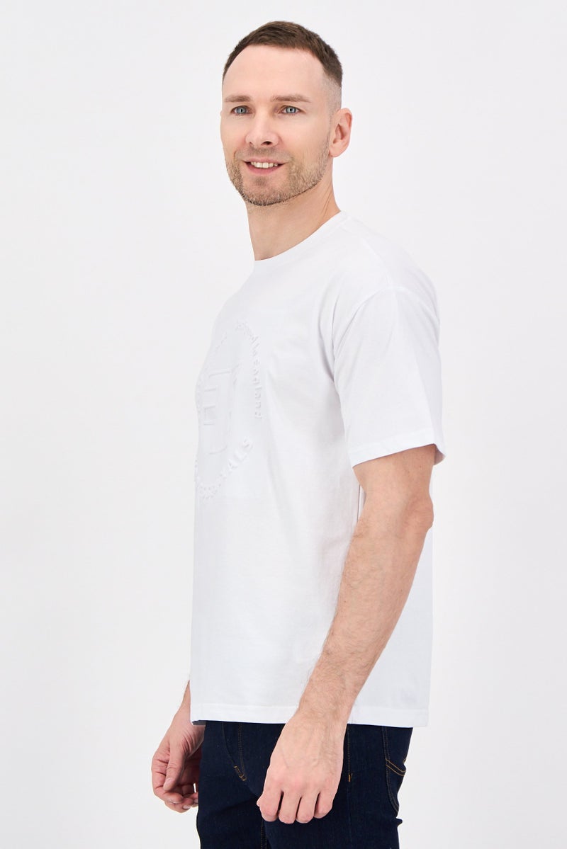 Fudo Men Crew Neck Short Sleeve Embossed Logo T-Shirt, White - Image 2