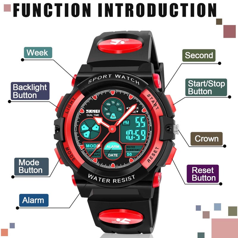 ATIMO Kids Sport Watch, 50M Water Resistant, Dual Time, Alarm, Stopwatch, LED Light, Calendar, Shock Resistant, Polyurethane Band - Image 2