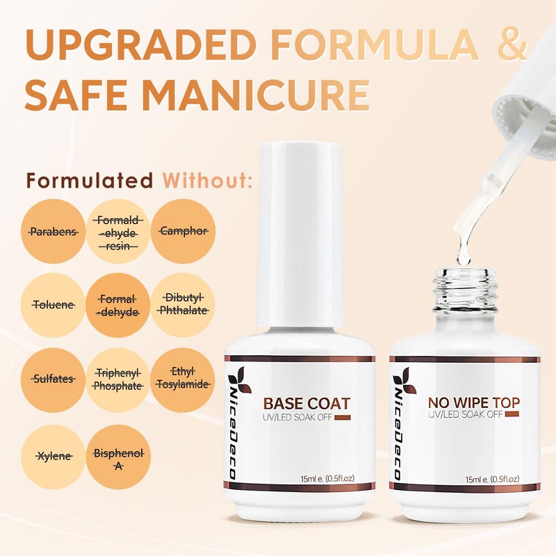 Nicedeco Hema Free No Wipe Gel Top Coat and Base Coat Set 2 Pcs 15ml Low Odor Cruelty Free Vegan Gel Nail Polish Glossy Shine Long Lasting Gel Base Top Coat - Image 2