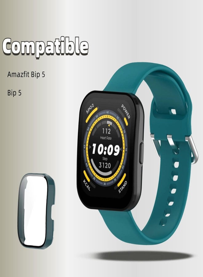 سوار QHBAMD مع حافظة متوافق مع ساعة Amazfit Bip 5، غطاء حزام من السيليكون الناعم يسمح بمرور الهواء، للرجال والنساء (أخضر داكن) - Image 2