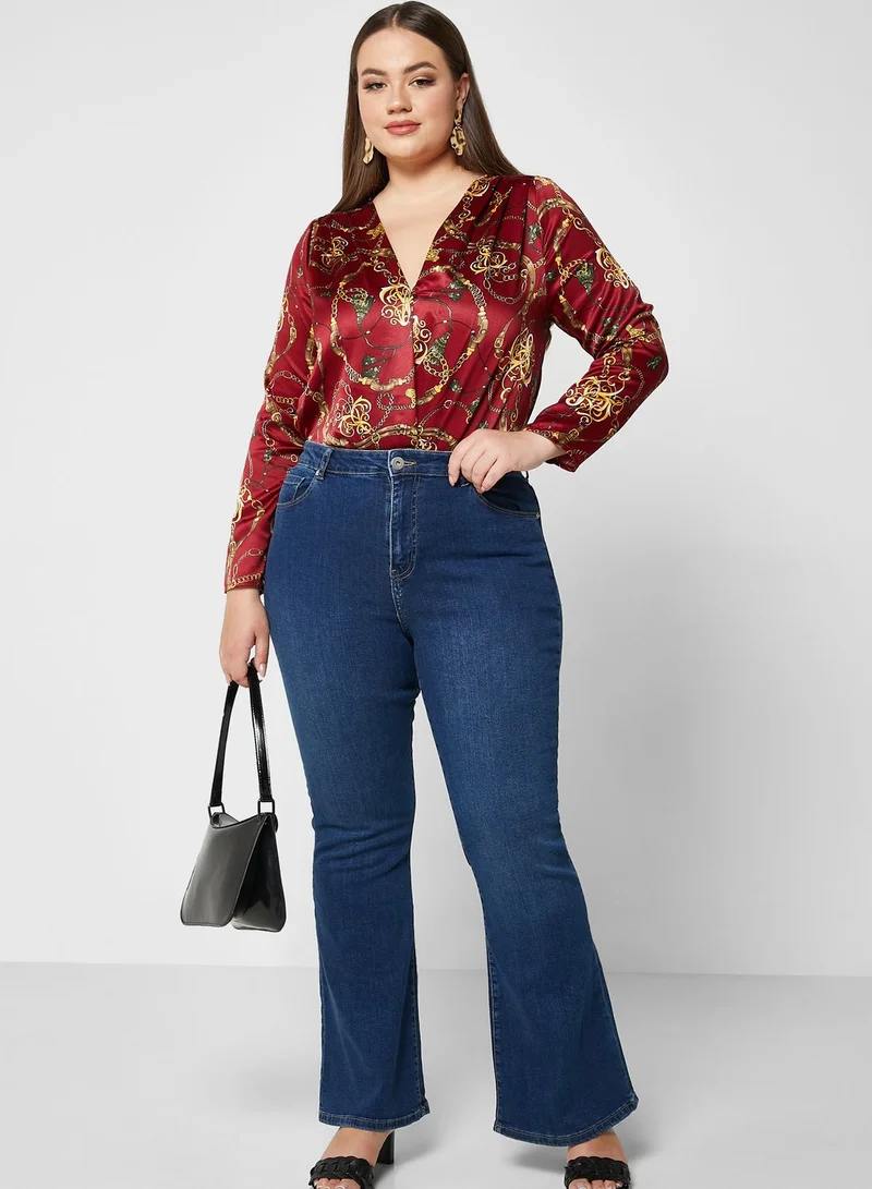 BRAVE SOUL Surplice Neck Printed Bodysuit