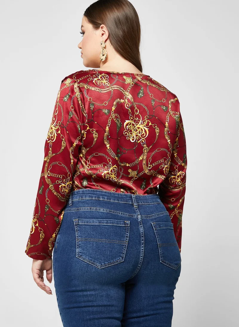 BRAVE SOUL Surplice Neck Printed Bodysuit