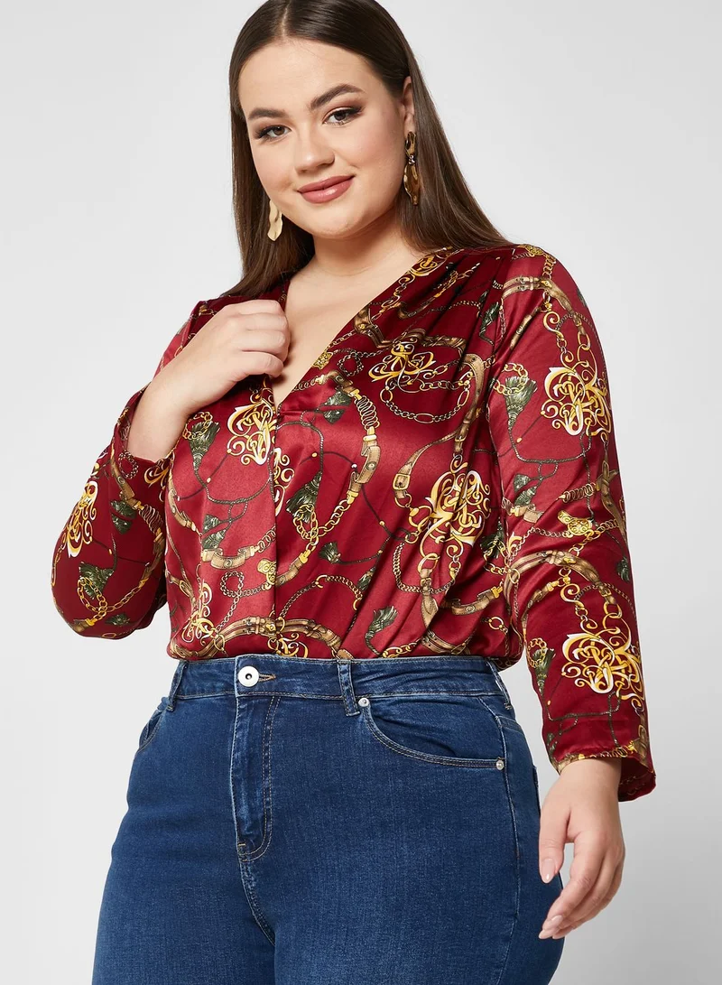 BRAVE SOUL Surplice Neck Printed Bodysuit
