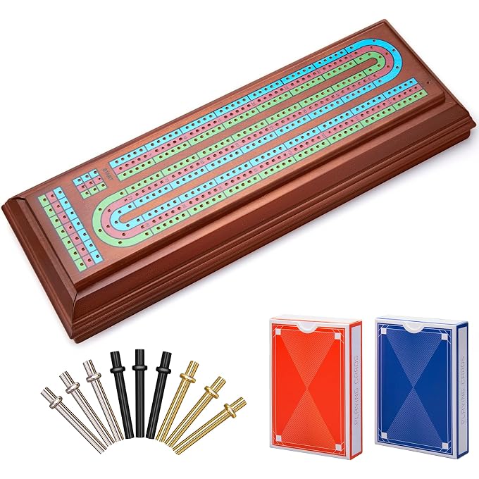Elongdi Wooden Cribbage Board Game Set with Large Storage Area,9 Metal Pegs & 2 Playing Cards Continuous Solid Wood 3 Track Board Travel Portable Cards Games for Adults Family - Image 1