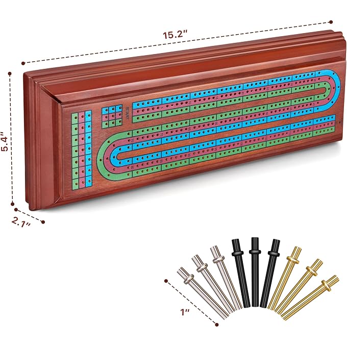 Elongdi Wooden Cribbage Board Game Set with Large Storage Area,9 Metal Pegs & 2 Playing Cards Continuous Solid Wood 3 Track Board Travel Portable Cards Games for Adults Family - Image 3