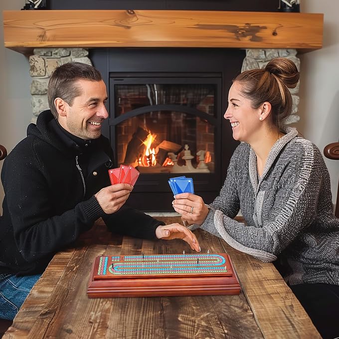 Elongdi Wooden Cribbage Board Game Set with Large Storage Area,9 Metal Pegs & 2 Playing Cards Continuous Solid Wood 3 Track Board Travel Portable Cards Games for Adults Family - Image 2