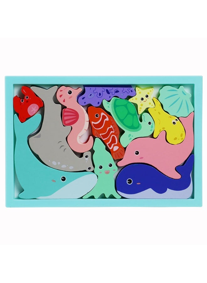 【Ocean Animal Building Blocks】Kids Wooden Educational 3D Puzzle Toy | For Children 3+ Years | Safe Wood Material + Colorful Water-Based Paint | Smooth Rounded Edges | Cognitive Matching + Color/Shape Recognition | Develops Fine Motor Skills  Concentration | Enhances Hand-Eye Coordination  Spatial Imagination | Ocean Theme Early Learning Toy - Image 1