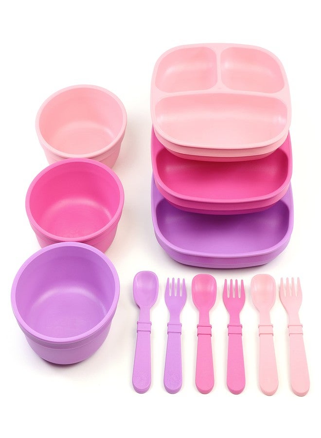 Re-Play 3 Divided Toddler Plates, 3 Utensils Set and 3 Wide Base Bowls - Dishwasher and Microwave Safe - Made in USA - Princess - Image 1