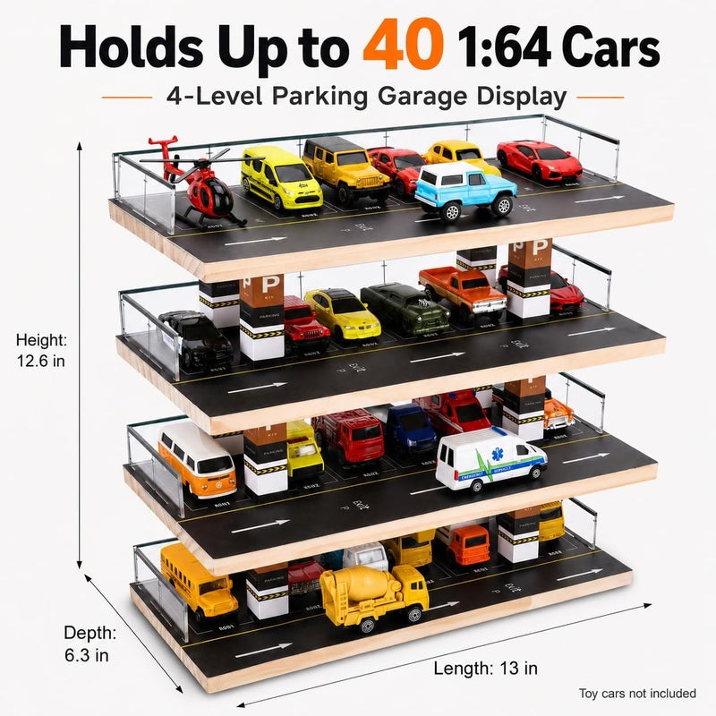 Saichotoy Display Case for Hot Wheels & Matchbox, 1/64 Scale Diecast Toy Car Storage, Parking Garage Diorama - Freestanding Storage with 4 Levels 24 Spots Maximum 40 Cars - Image 2