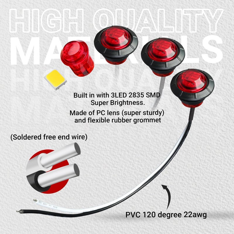 TMH 30 Pcs 3/4 Inch 10 Amber + 10 Red + 10 White Light 3 LED Clearance Markers Side Marker Indicator Lights Mini Round Front Rear with Grommet for Truck Trailer Lorry Bus 12V DC - Image 5