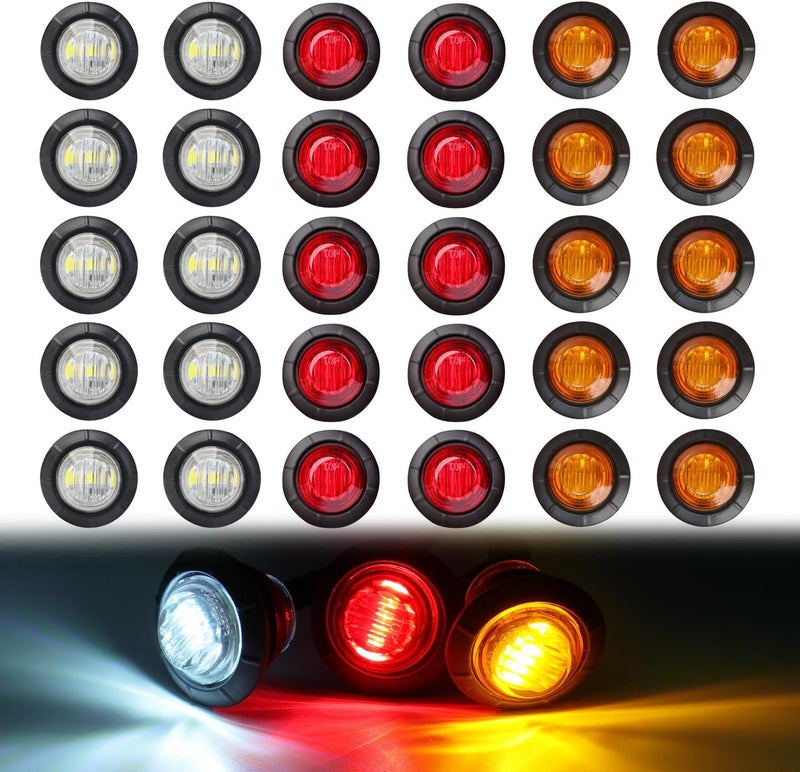 TMH 30 Pcs 3/4 Inch 10 Amber + 10 Red + 10 White Light 3 LED Clearance Markers Side Marker Indicator Lights Mini Round Front Rear with Grommet for Truck Trailer Lorry Bus 12V DC - Image 1