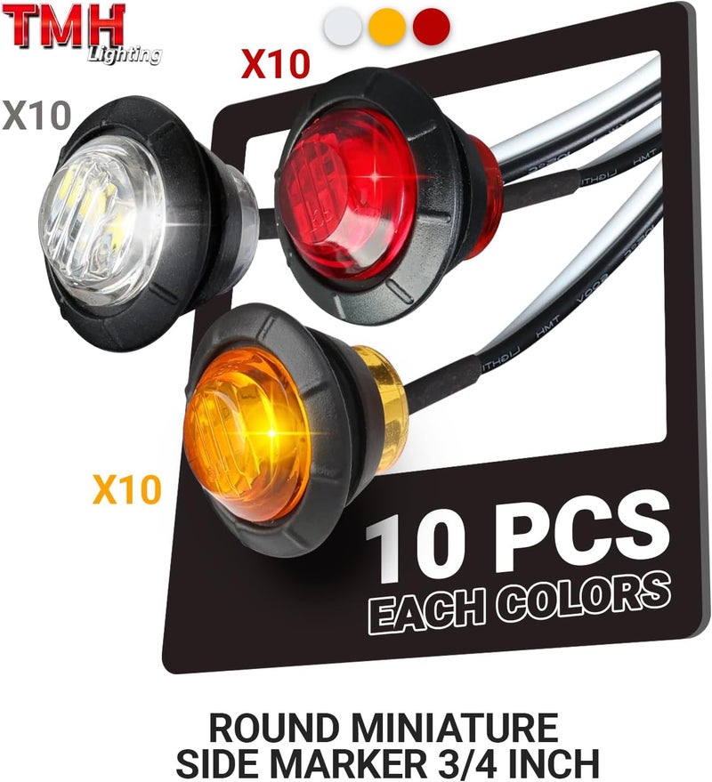 TMH 30 Pcs 3/4 Inch 10 Amber + 10 Red + 10 White Light 3 LED Clearance Markers Side Marker Indicator Lights Mini Round Front Rear with Grommet for Truck Trailer Lorry Bus 12V DC - Image 2