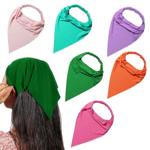 Vercret 6 Pack Hair Scarf Headband for Women - Elastic Hair Kerchief Large Boho Triangle Bandana Head Scarf with Clips Non Slip Solid Color Headbands Hair Scarves for Teen Girls - Image 1