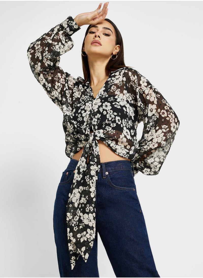 NEW LOOK - Tie Detail Printed Shirt - Image 1