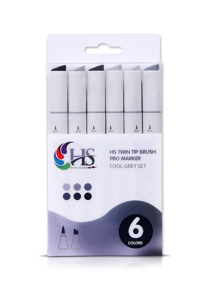 HAKIM'S HS Twin Tip Brush Pro Markers Set Of 6 - Cool Gray - Image 4