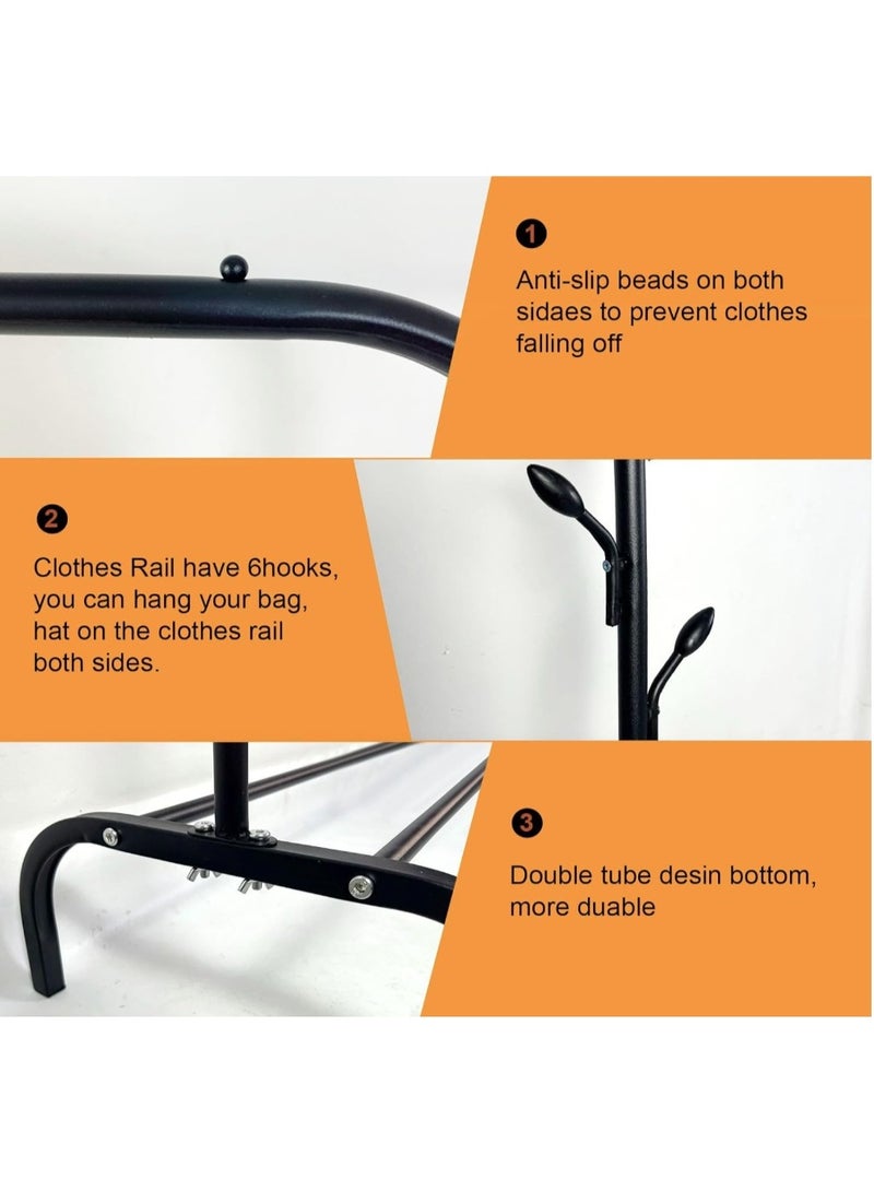 eBasket Double Metal Clothes Organizer and Rack with 4 Hooks (110x40x150cm) (Black) - Image 3