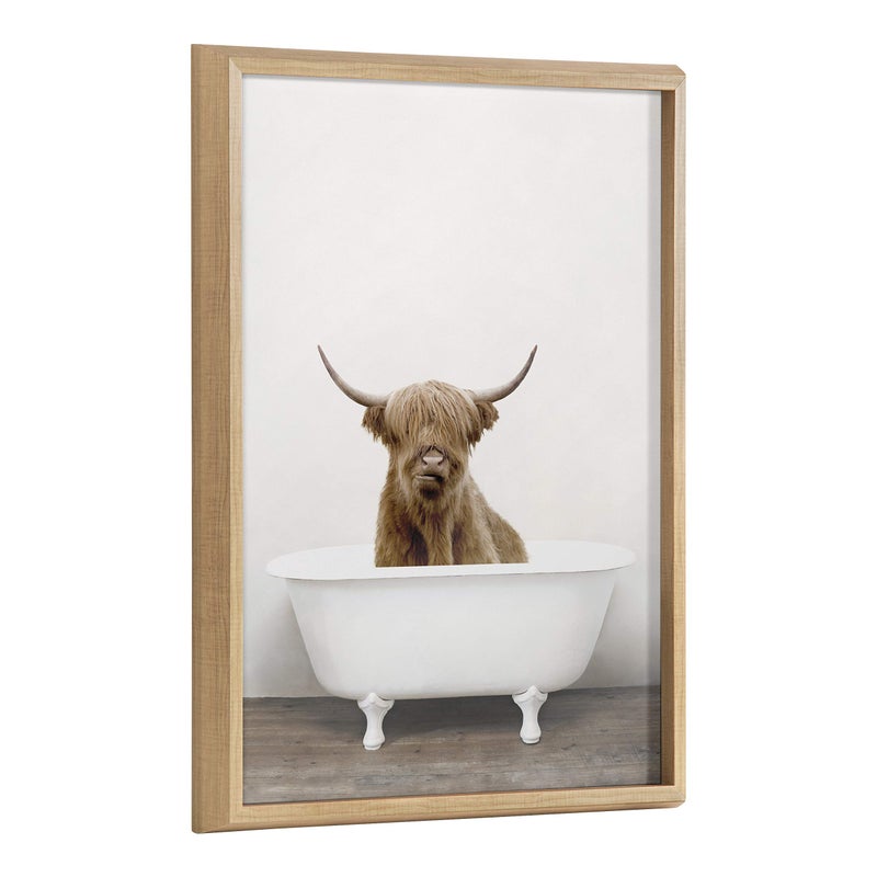 Kate and Laurel Kate and Laurel Blake Highland Cow in Tub Color Framed Printed Glass Wall Art by Amy Peterson Art Studio 18x24 Natural Farmhouse Inspired Animal Art for Wall 