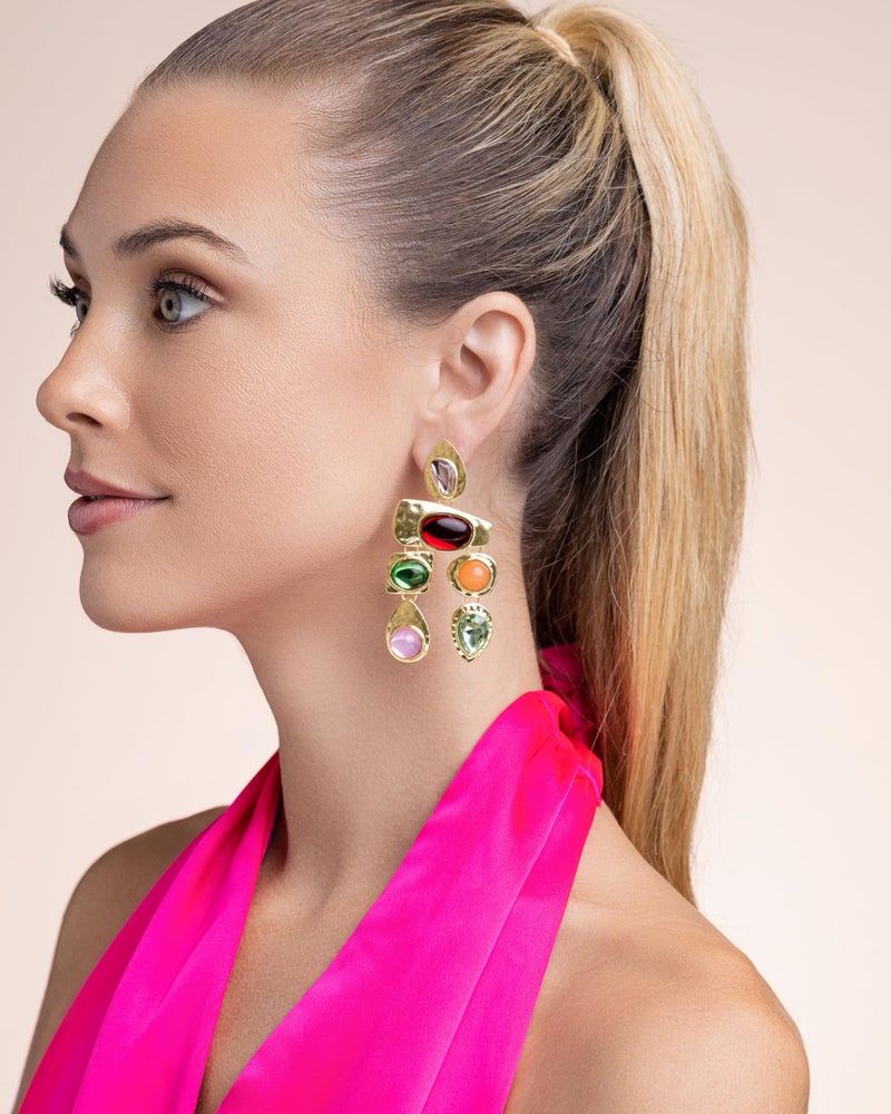 SNGIA 18K Gold Plated Dangle Boho Gemstone Earrings for Women by SNGIA, Boho Jewelry for Women, Dangling Large Big Unique Vintage Earrings for Women, Trendy Bohemian Handmade CZ Jewelry Gifts - Image 2