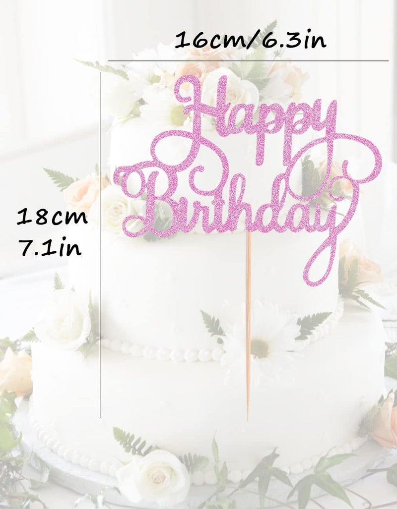 AHAORAY Happy Birthday Cake Topper - Pink Glitter Happy Birthday Cake Bunting Decor - Birthday Party Cake Decoration Supplies  for Photo Booth Props - Image 3