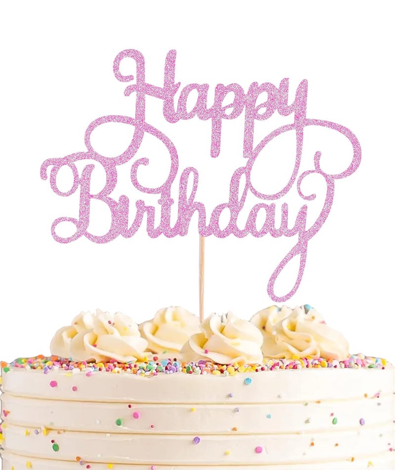 AHAORAY Happy Birthday Cake Topper - Pink Glitter Happy Birthday Cake Bunting Decor - Birthday Party Cake Decoration Supplies  for Photo Booth Props - Image 1