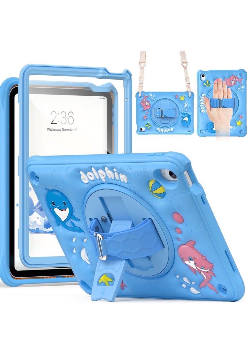 حافظة واقية للأطفال لأجهزة iPad (A16) متوافقة مع iPad من الجيل الحادي عشر (2025، 11 بوصة) / تناسب أيضًا طراز 2022 مقاس 10.9 بوصة وطرازات الجيل العاشر حافظة واقية مزدوجة الطبقة مع لوحة خلفية ناعمة من السيليكون بتصميم على شكل دلفين، مزودة بمقبض دوار وحزام كتف، مصممة خصيصًا للأطفال. - Image 1